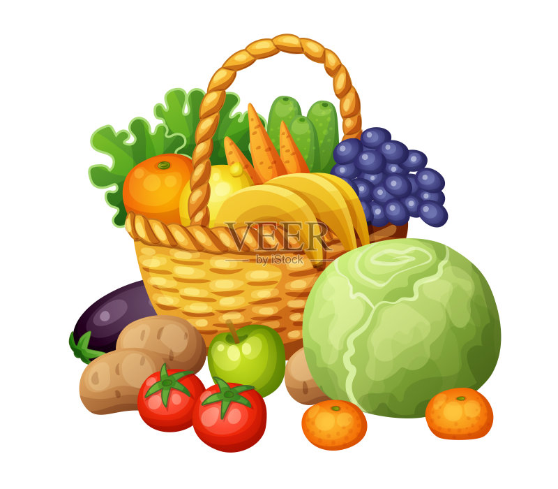 水果和蔬菜在篮子里矢量图素材下载 - Veer图库